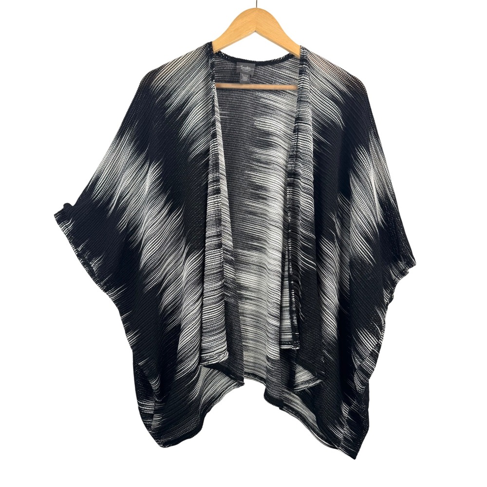 Chicos‎ Traveler Black White Abstract Print Pleated Kimono Cardigan artsy S/M